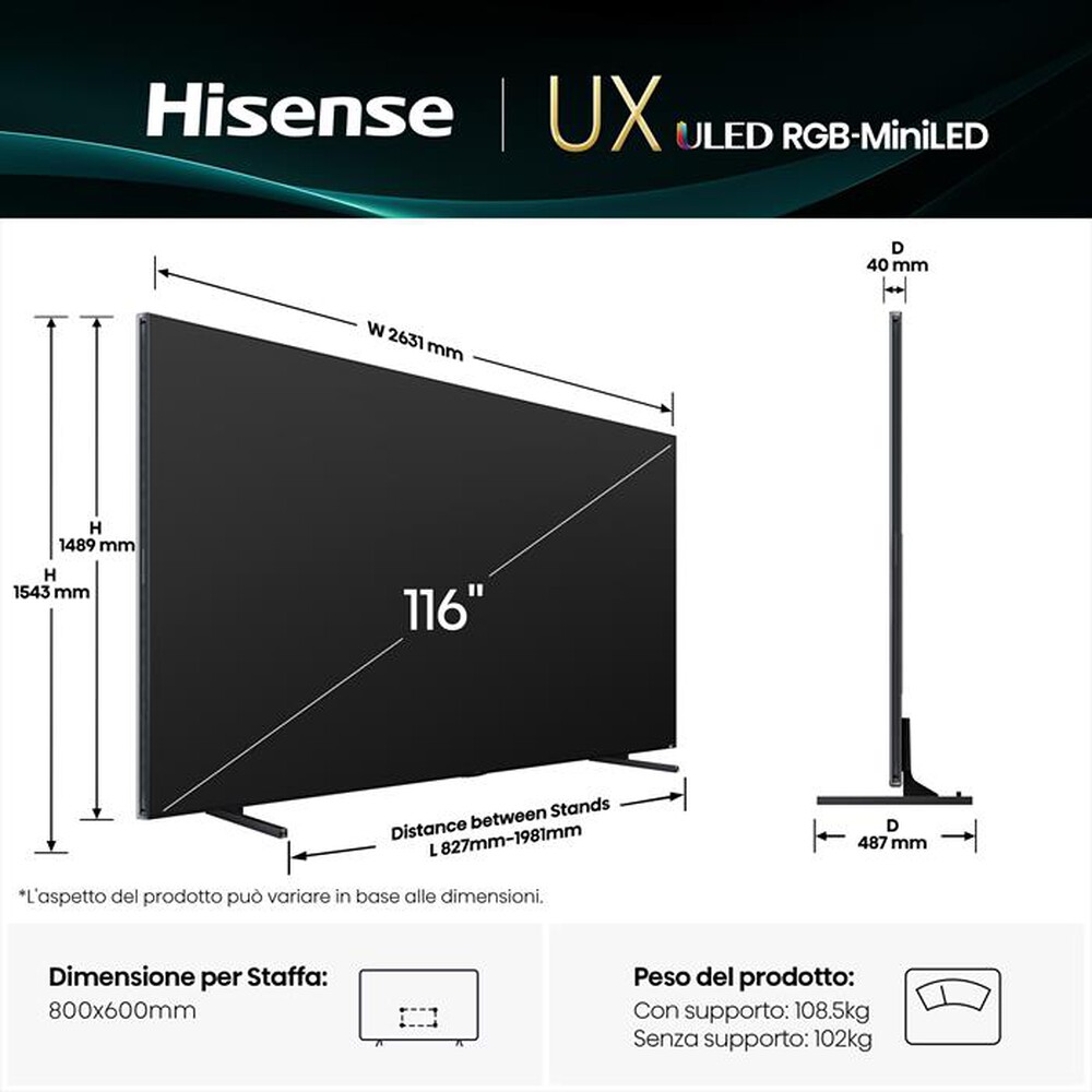 Immagine del prodotto HISENSE - Smart TV Mini LED RGB  4K 116" 116UXQ-Metallo