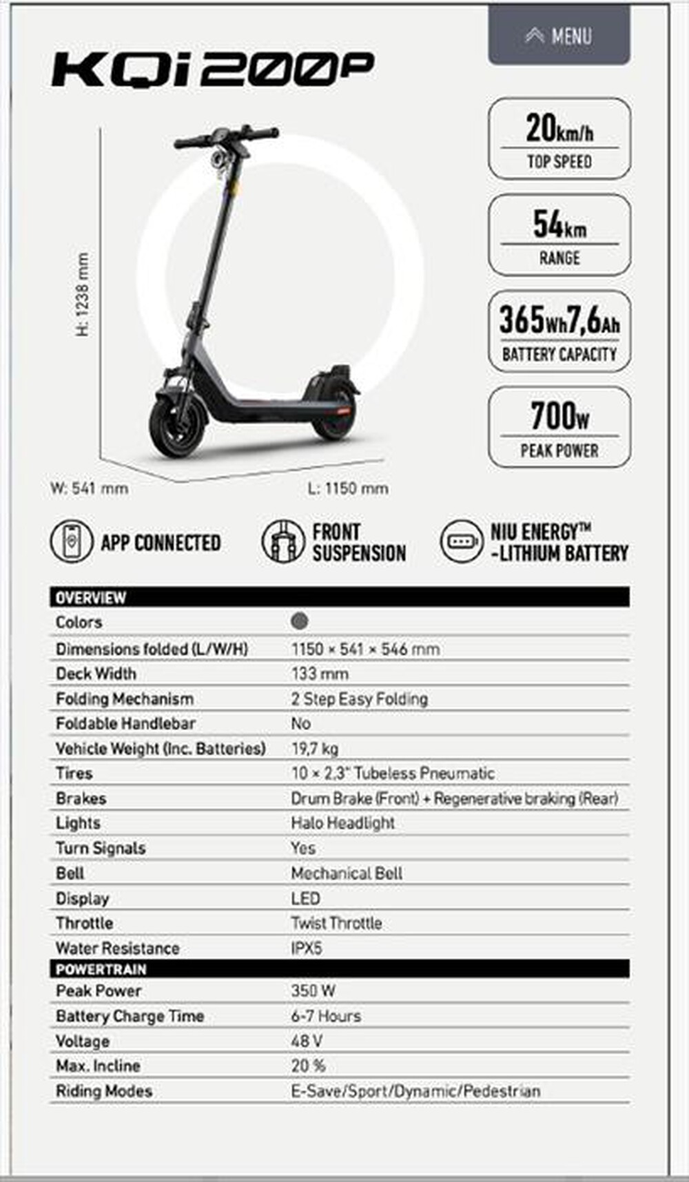 Immagine del prodotto NIU - Monopattino elettrico KQI200-GREY