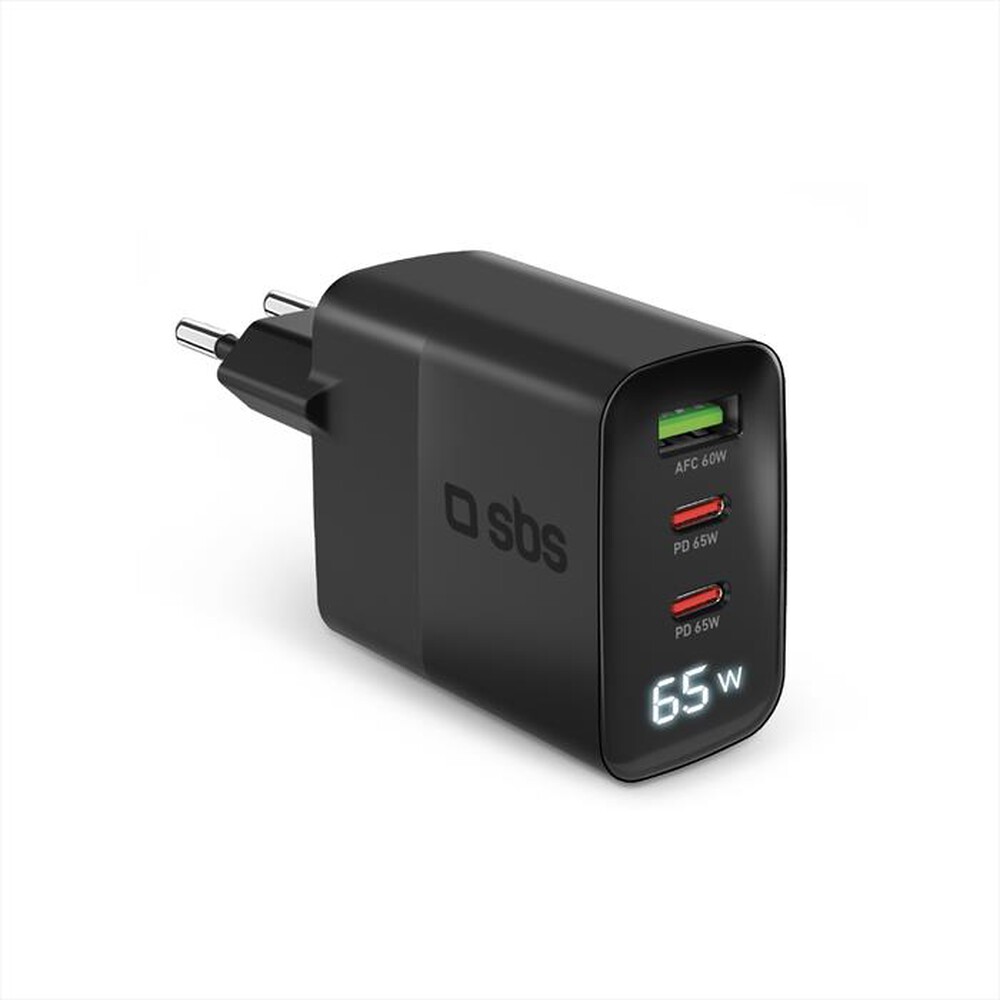 Immagine del prodotto SBS - GaN charger 65W 2 C + 1 USB + LCD-Nera