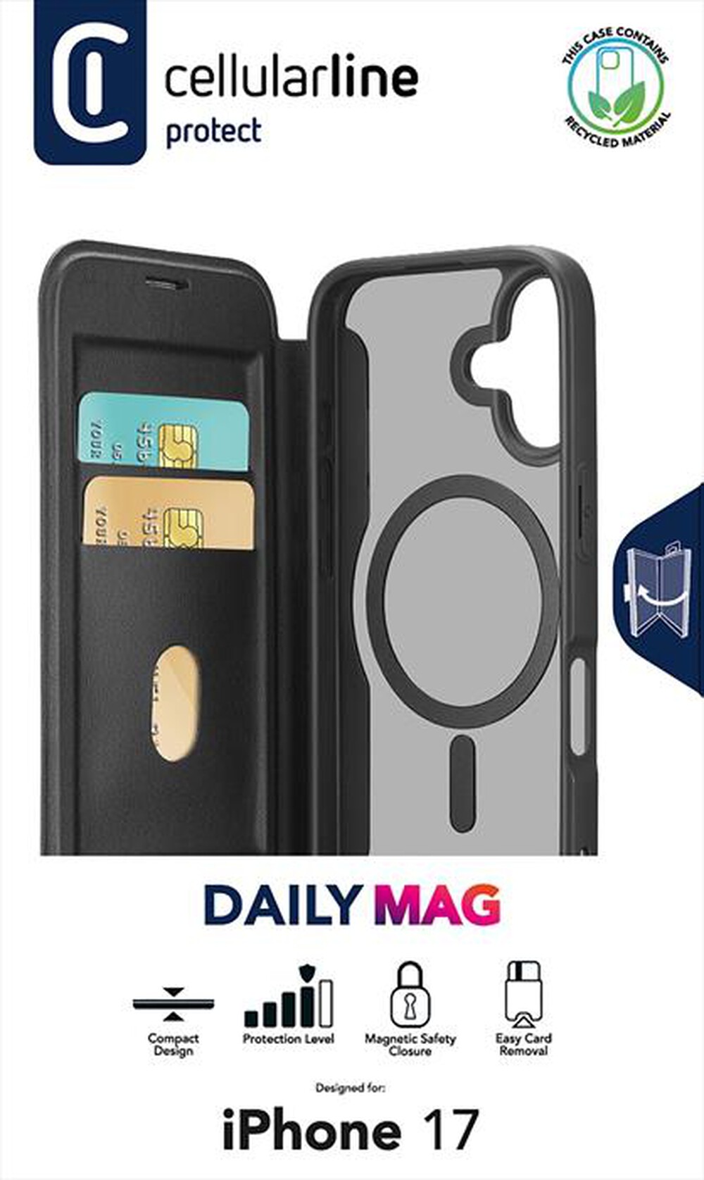 Immagine del prodotto CELLULARLINE - Custodia a libro DAILY MAG per IPHONE 17-Nero, Trasparente