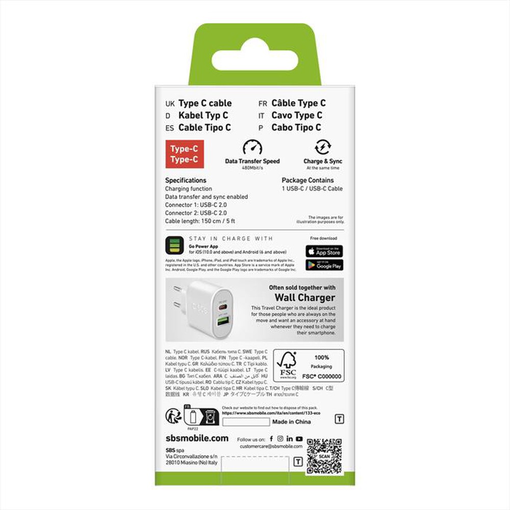 "SBS - Cavo dati/energia type-C TECABLPOLOTCCW-Bianco"