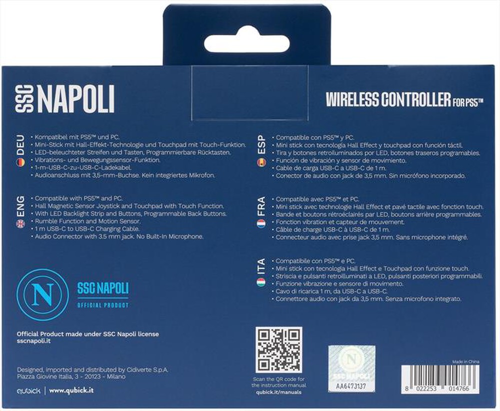 Immagine del prodotto QUBICK - WIRELESS CONTROLLER VECTOR SSC NAPOLI CYBORG-Azzurro e Nero