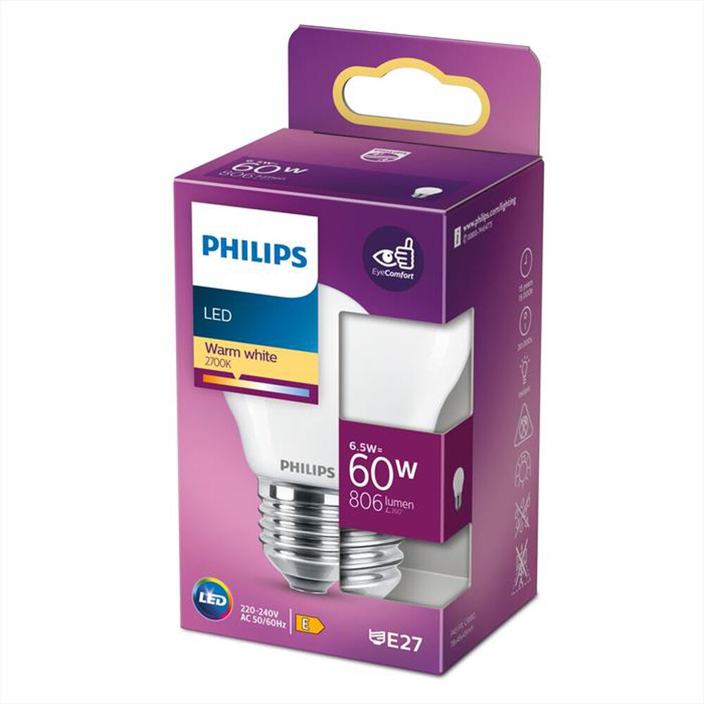 "PHILIPS - LED OLIVA E SFERA 6,5 W 60 W E27 LUCE BIANCA CALDA"