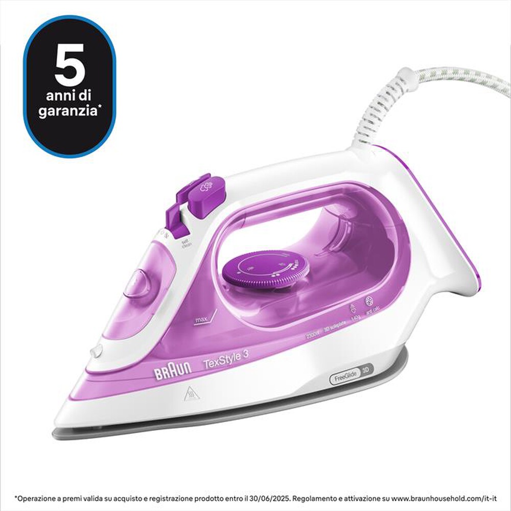 "BRAUN - Ferro da stiro a vapore TEXSTYLE 3 SI3030PU-BIANCO/ROSA"