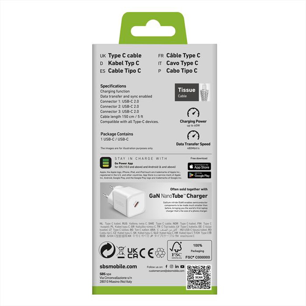 Immagine del prodotto SBS - Cavo splitter USB-C a 2x USB-C, 60W + 25W, 1.5m-Bianco