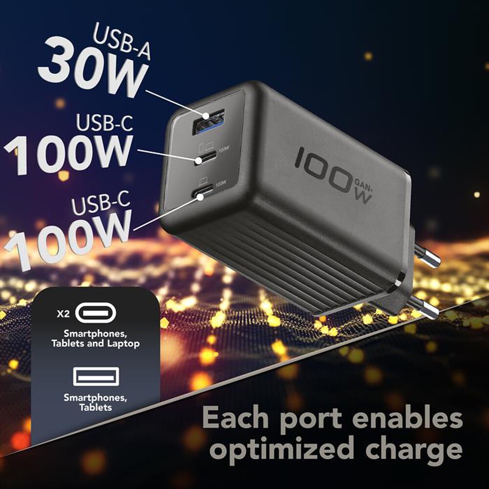 Immagine del prodotto CELLULARLINE - Caricabatterie da rete ACH GAN+ 3 PORTE 100W-Nero