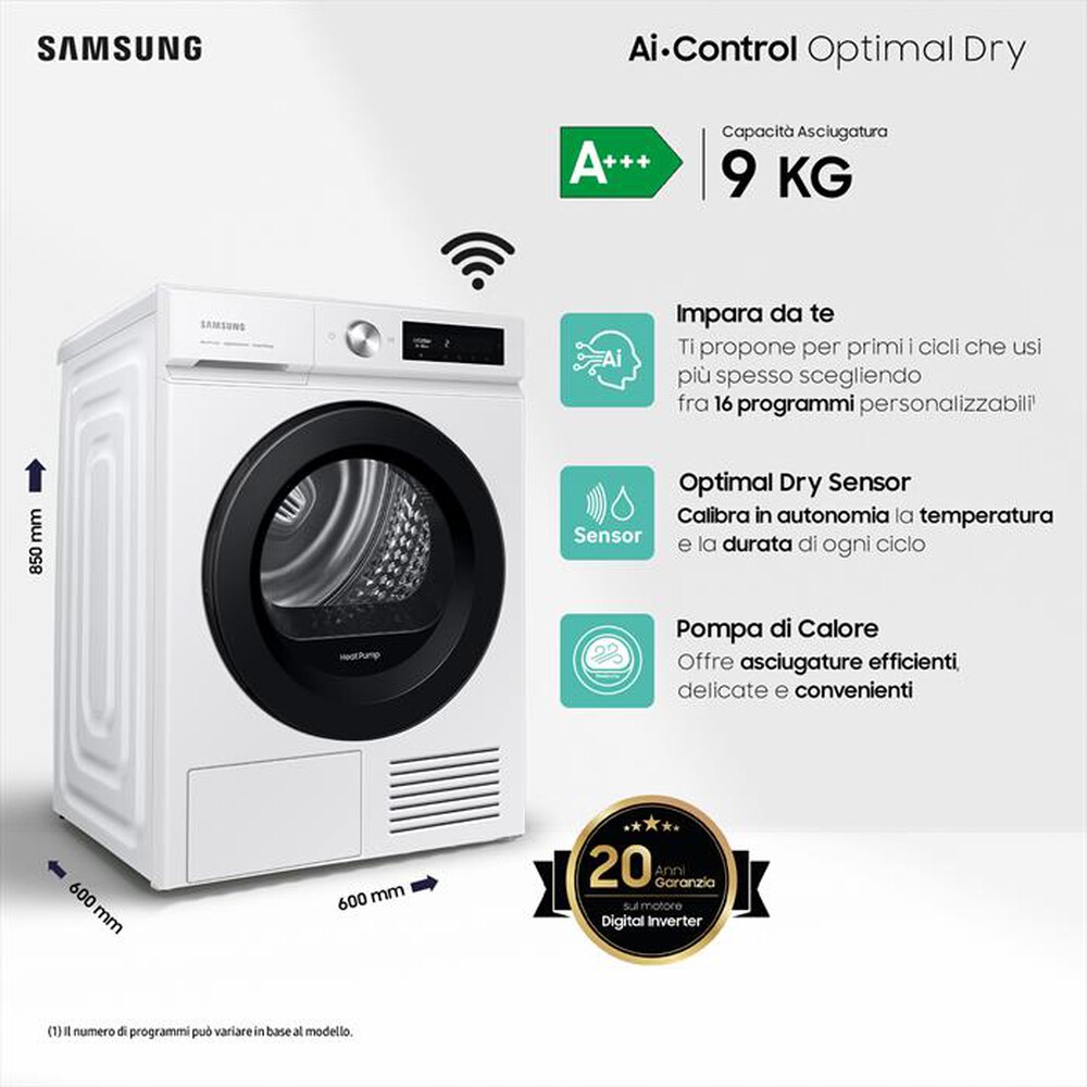 "SAMSUNG - Asciugatrice DV90BB5245AWS3 9 Kg Classe A+++-bianco oblò black"