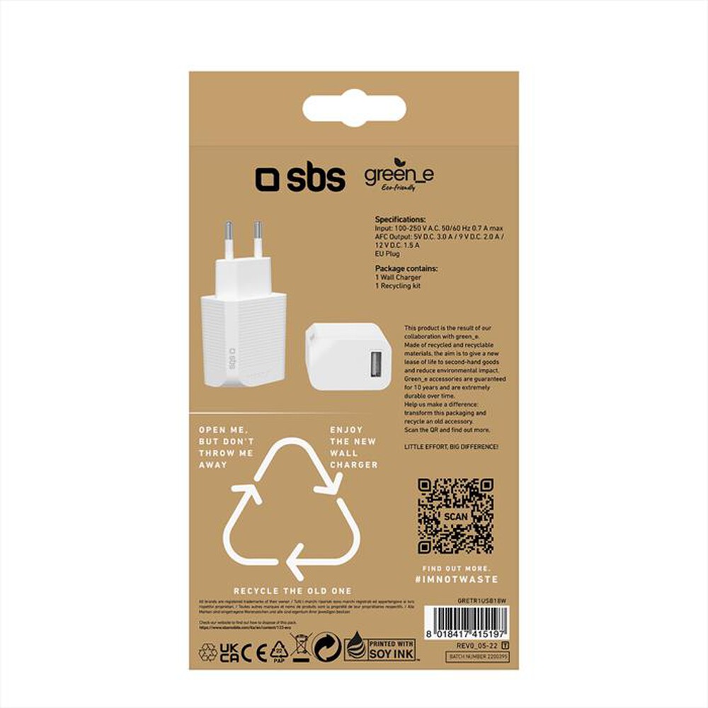 "SBS - Wall charger GRETR1USB18W-Bianco"
