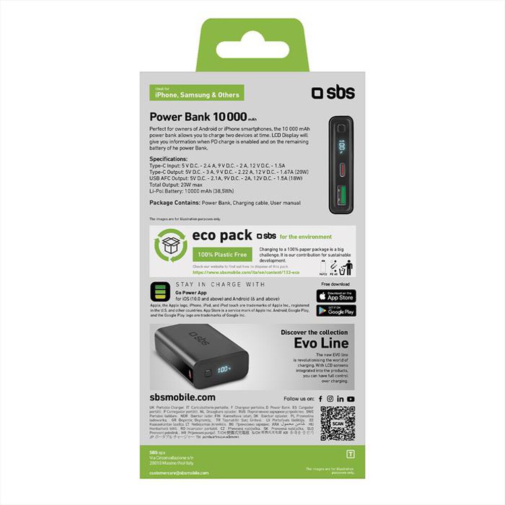 "SBS - Powerbank TEBB10000LCDEVOPD20K-Nero"