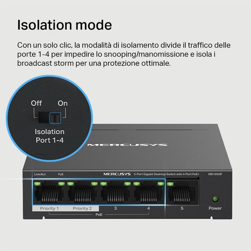 Immagine del prodotto MERCUSYS - 5-PORT GIGABIT DESKTOP SWITCH WITH  4-PORT POE+-nero