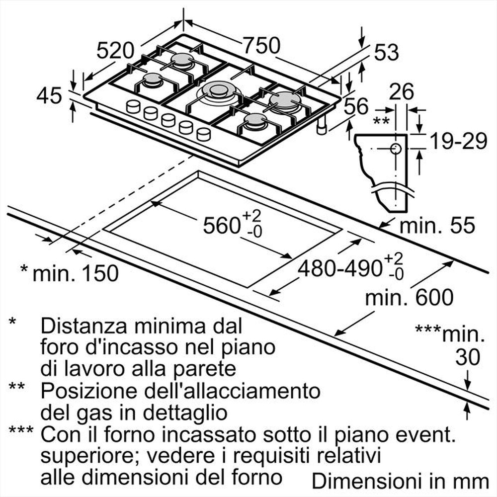 "BOSCH - Piano cottura a gas PGQ7B5B90 75cm-Inox"