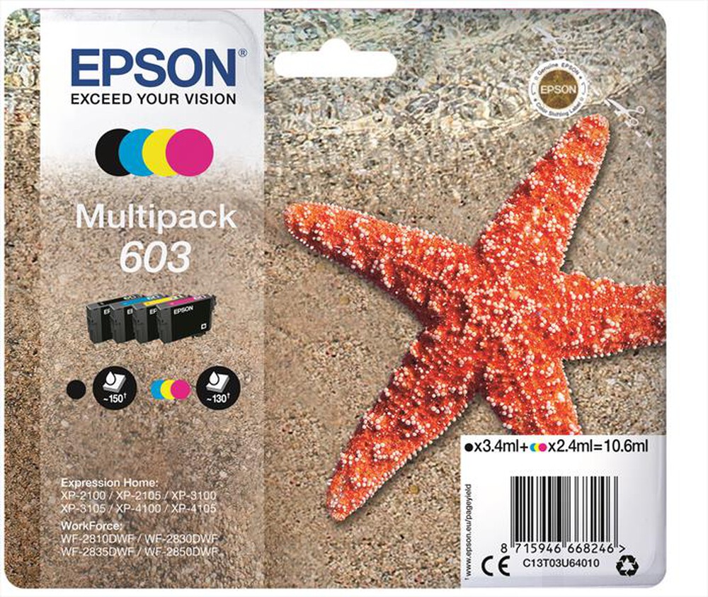 "EPSON - 603 STELLA MARINA T03U STANDARD MULTIPACK 4 COLORI-Nero, ciano, magenta, giallo"