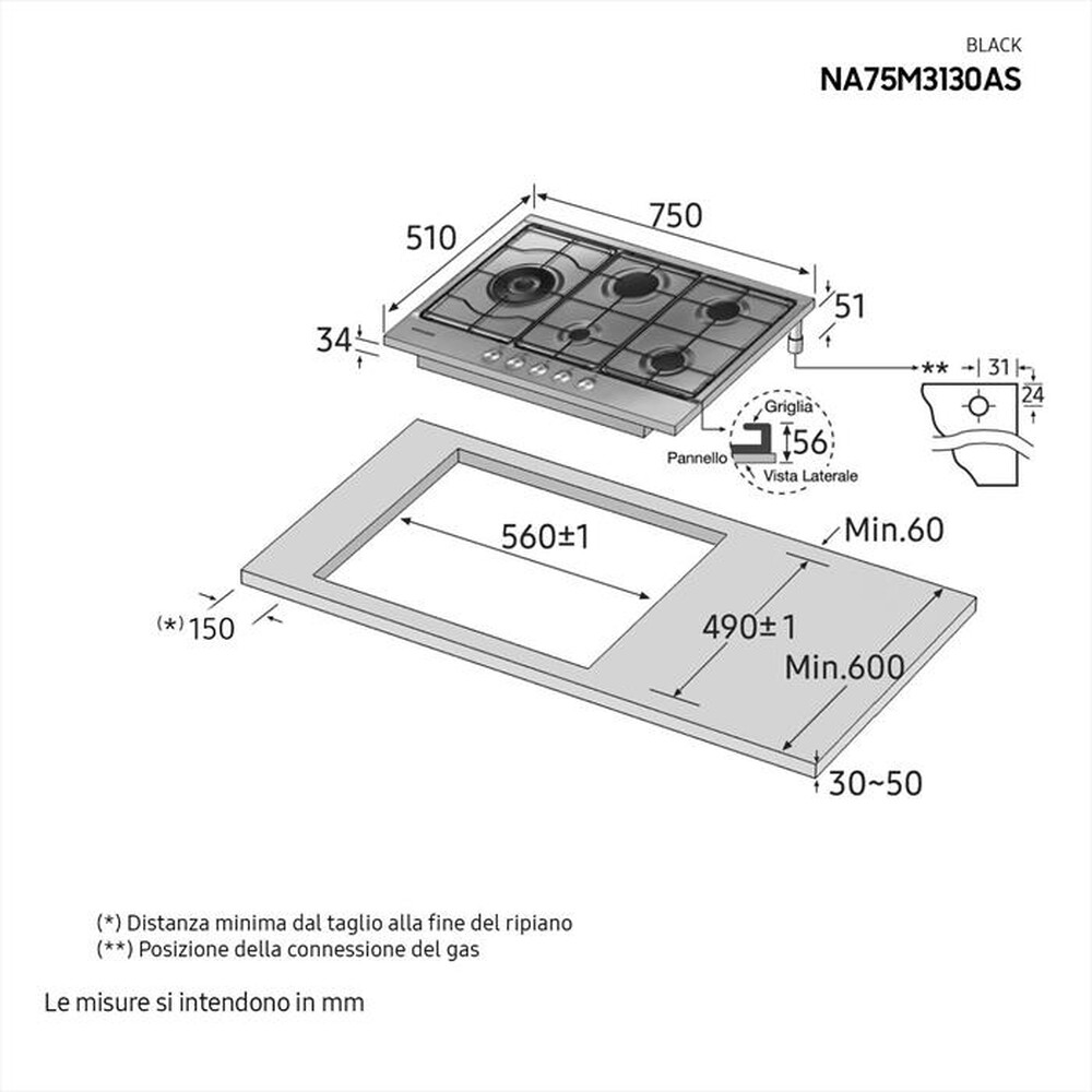 "SAMSUNG - Piano cottura a gas NA75M3130AS/ET 5 fuochi-ACCIAIO INOX"