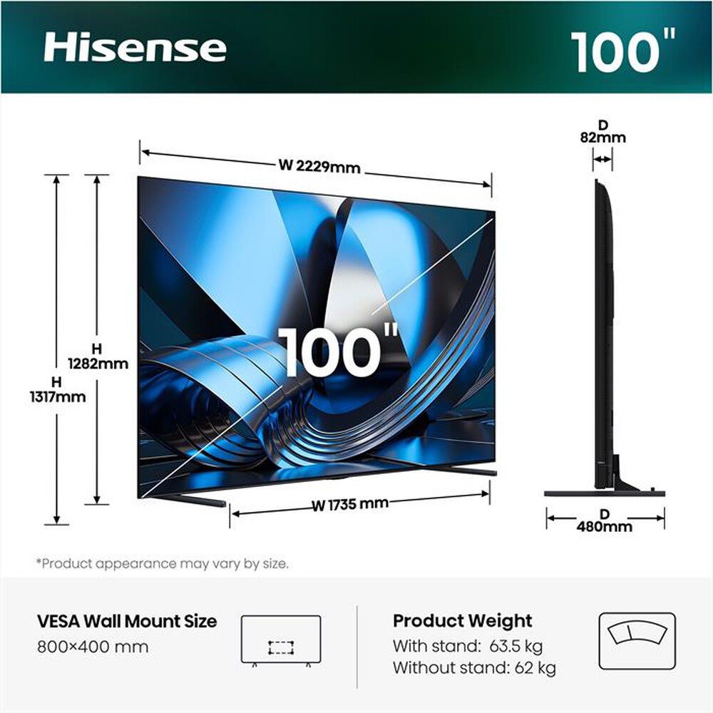 Immagine del prodotto HISENSE - Smart TV Mini LED 4K 100" 100U7SE-NERO