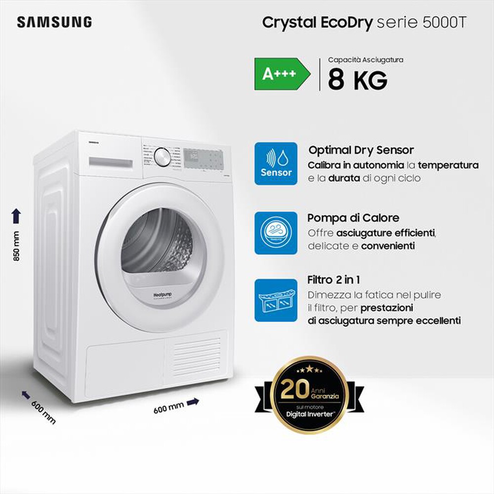 "SAMSUNG - Asciugatrice DV80CGC2B0THET 8 Kg Classe A+++-bianca display silver"