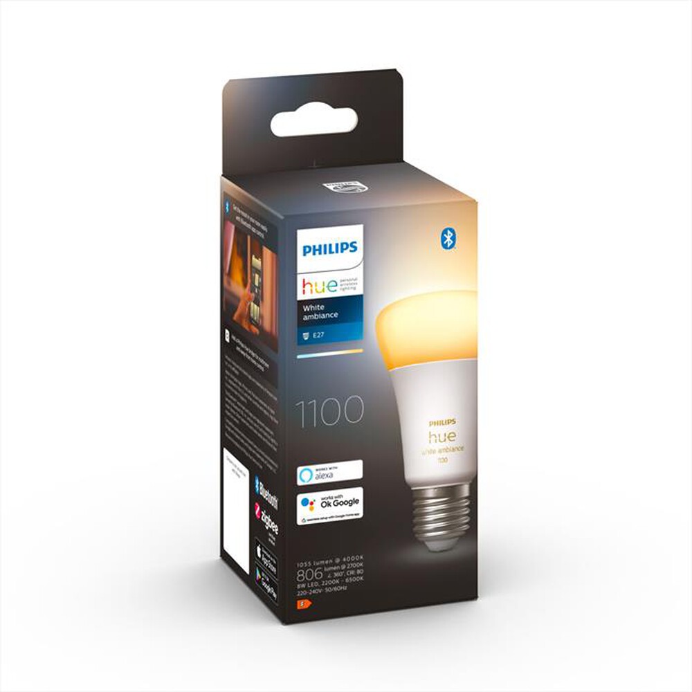 "PHILIPS - HUE WHITE AMBIANCE LAMPADINA E27 8W-Luce Bianca Dimmerabile"