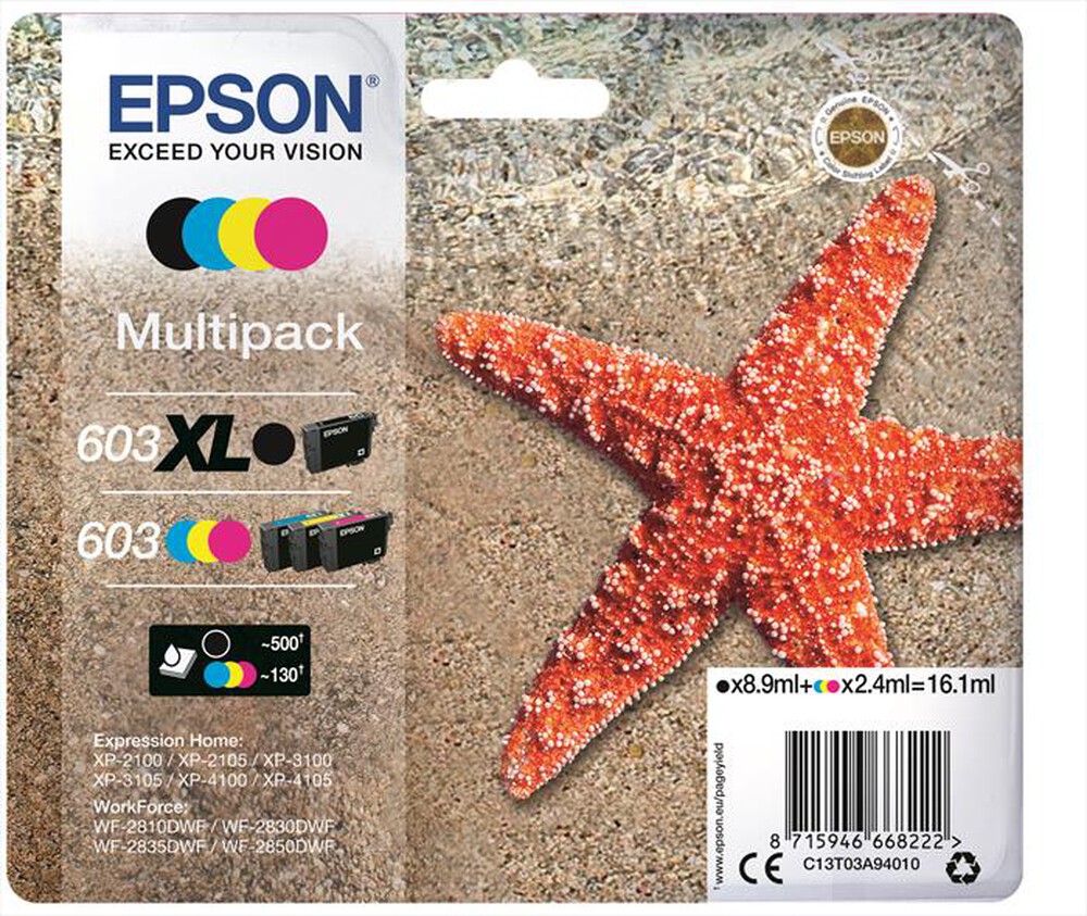 "EPSON - 603 STELLA MARINA T03A XL MULTIPACK MIXED 4 COLORI-Nero, ciano, magenta, giallo"