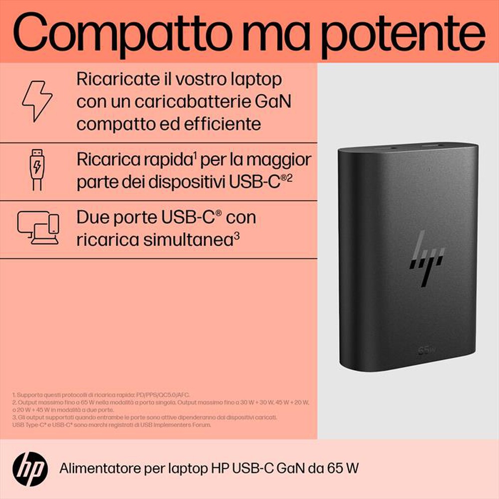 "HP - CARICABATTERIE USB-C GAN DA 65W-Nero"