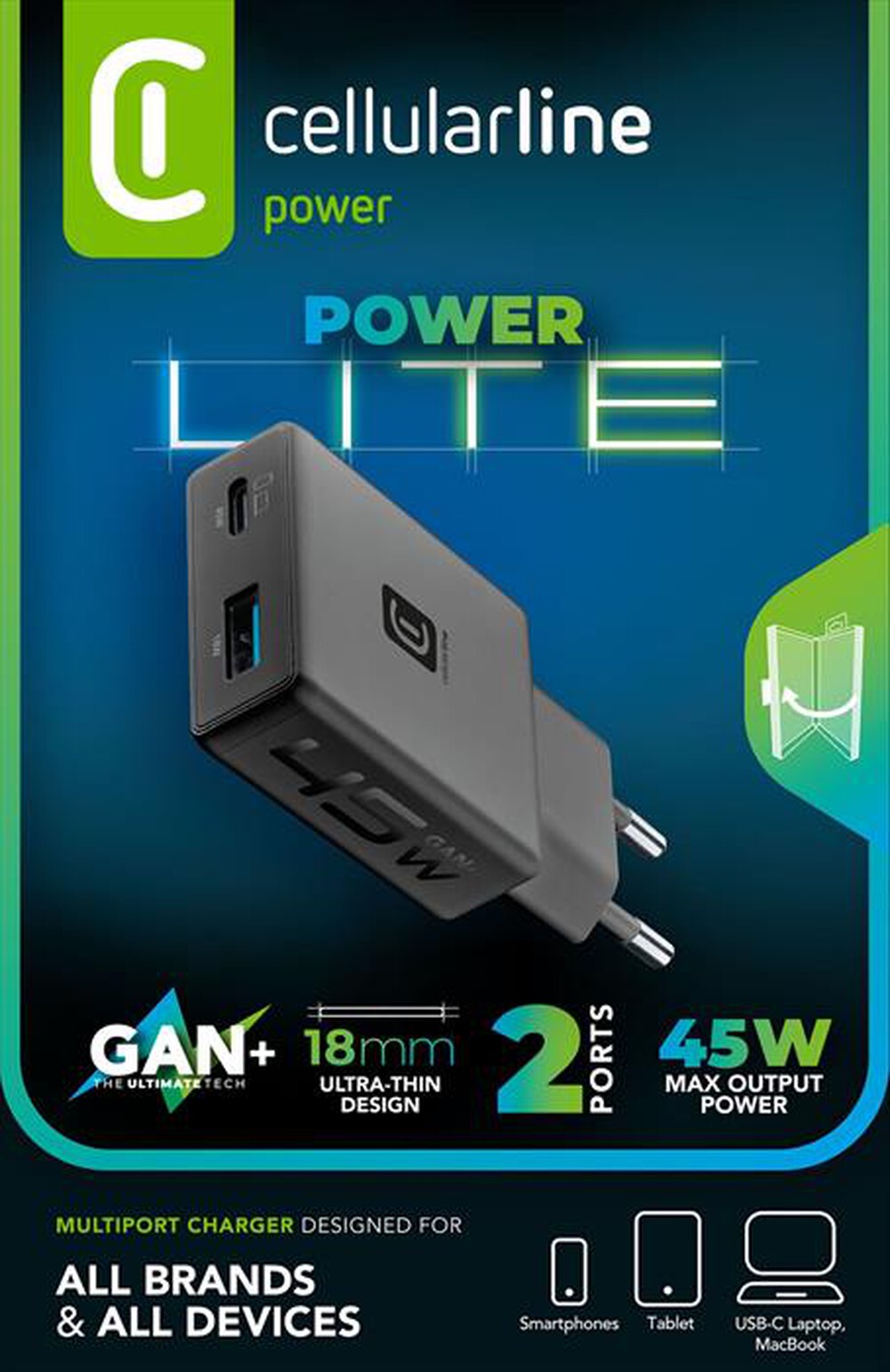 Immagine del prodotto CELLULARLINE - Caricabatterie 45W POWER LITE 45W SLIM DUAL A+C-Nero