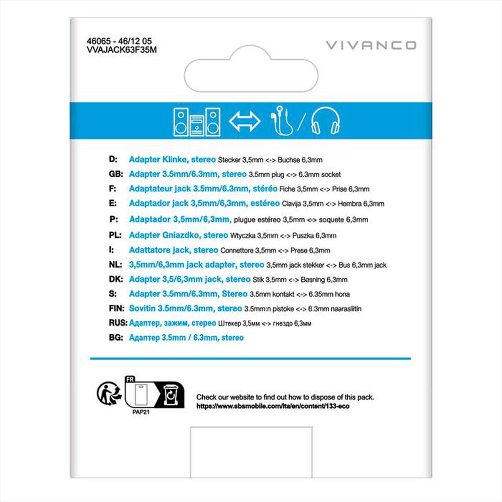 Immagine del prodotto SBS - Adattatore audio con Jack 6,3 mm f/Jack 3,5 m-Nero