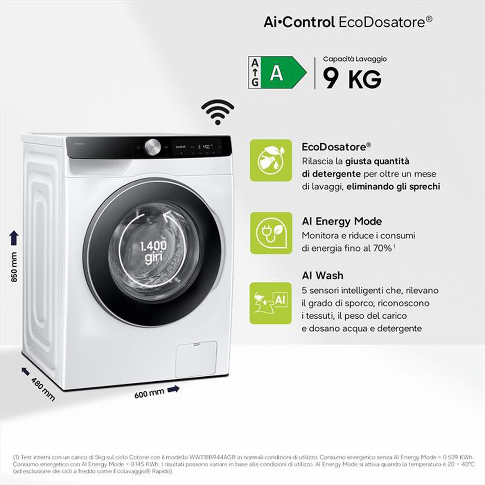 Immagine del prodotto SAMSUNG - Lavatrice WW90DG6G94LKU3 9KG Classe A-bianca con obl&ograve; -pannello nero
