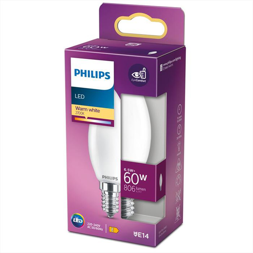 "PHILIPS - LED OLIVA E SFERA 6,5 W 60 W E14 LUCE BIANCA CALDA"