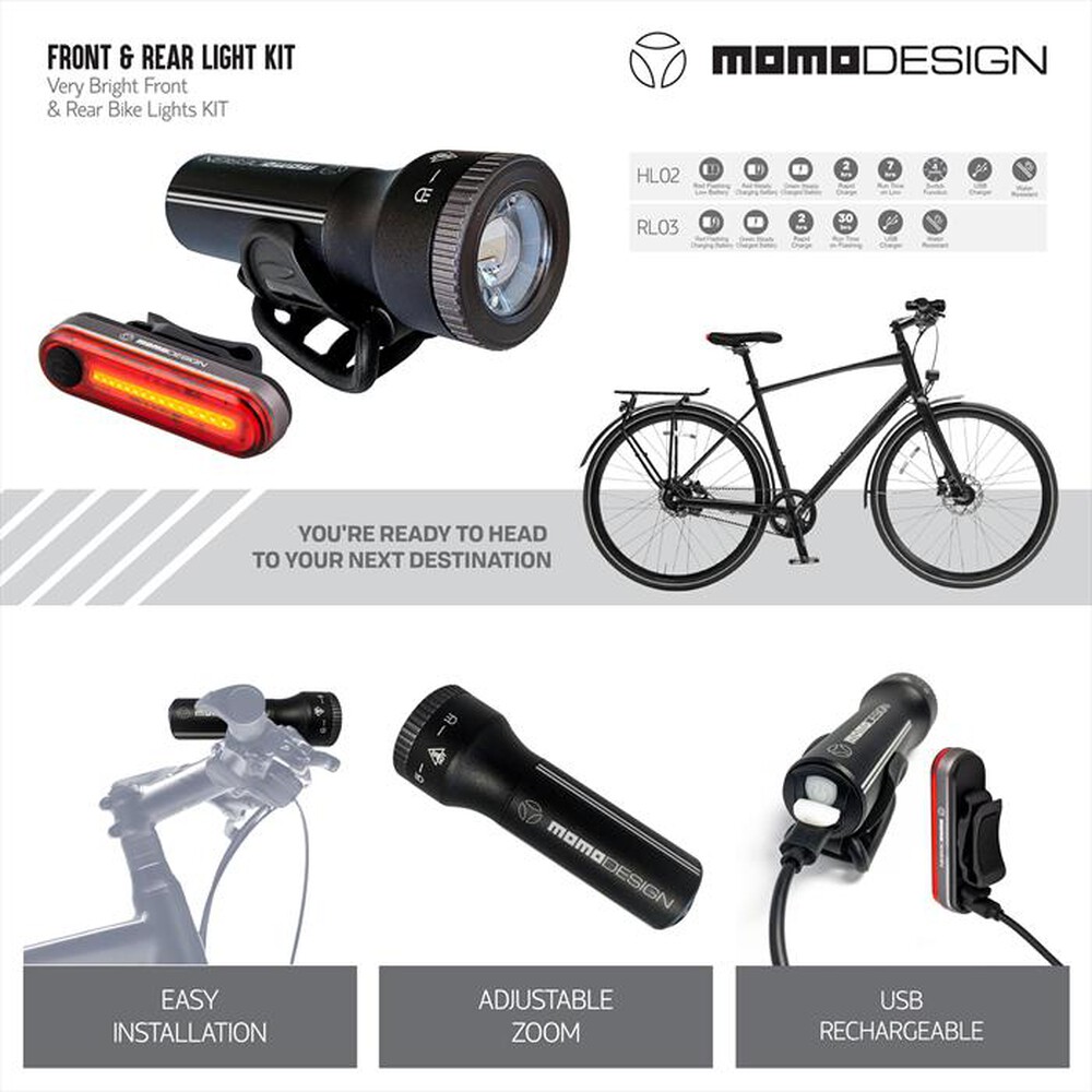 "MOMODESIGN - Kit Luce HL02 + RL03 KIT per bici e monopattini"