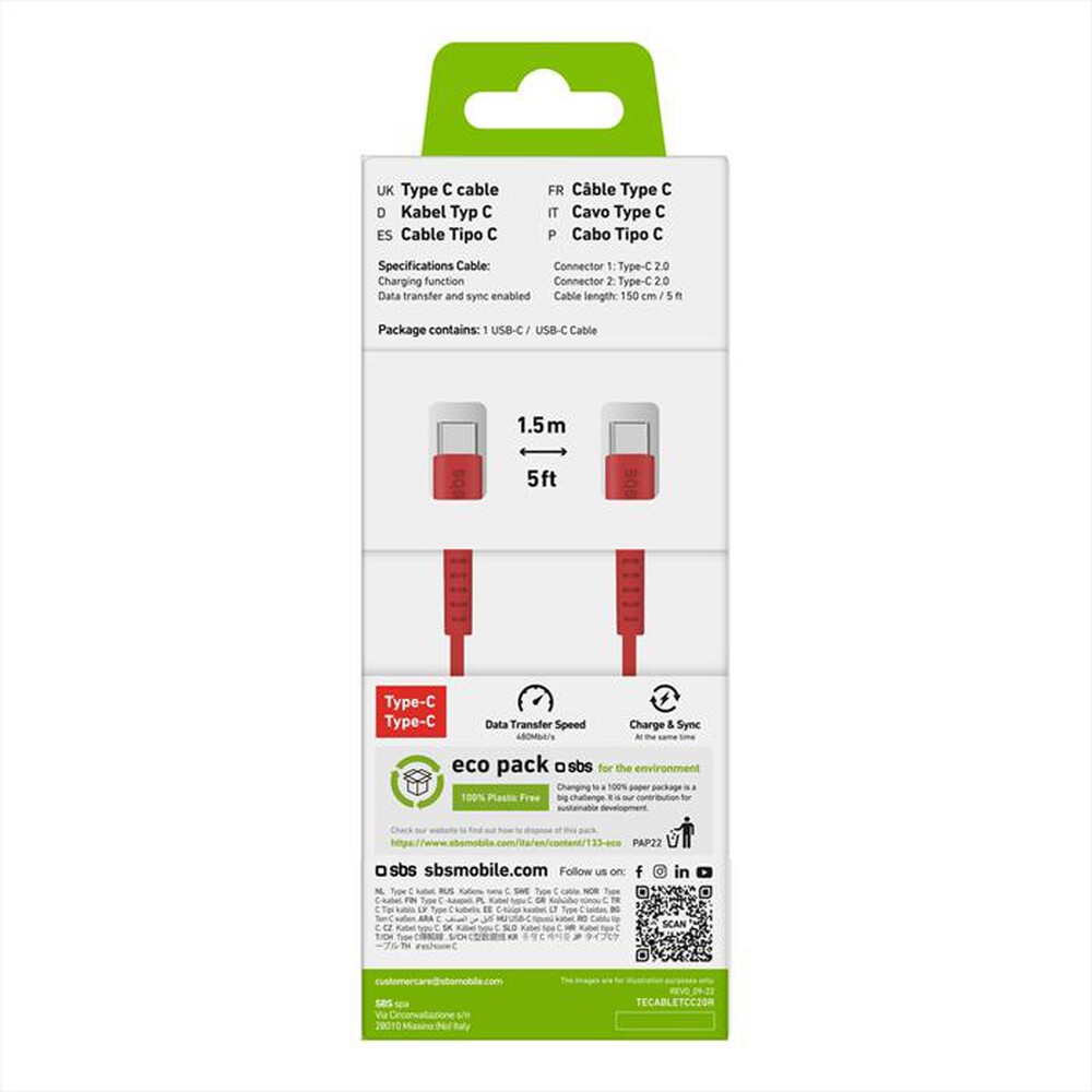 "SBS - Cavo Type C TECABLETCC20R-Rosso"