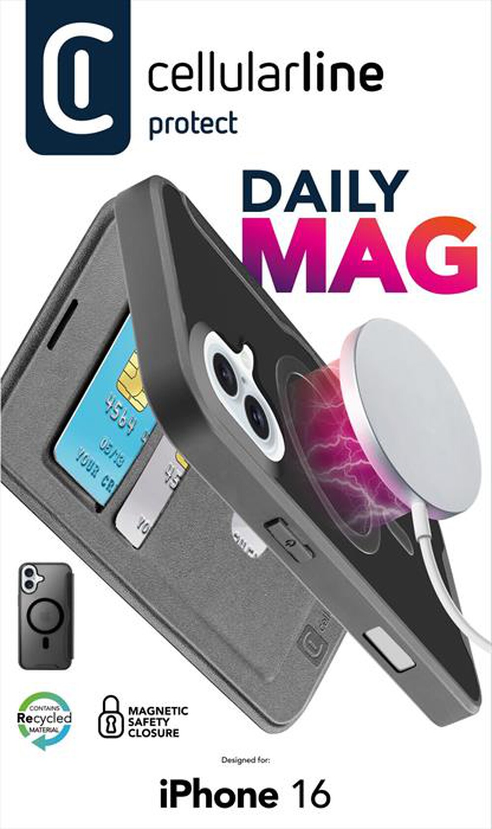 Immagine del prodotto CELLULARLINE - Custodia a libro DAILY MAG per IPHONE 16-Nero