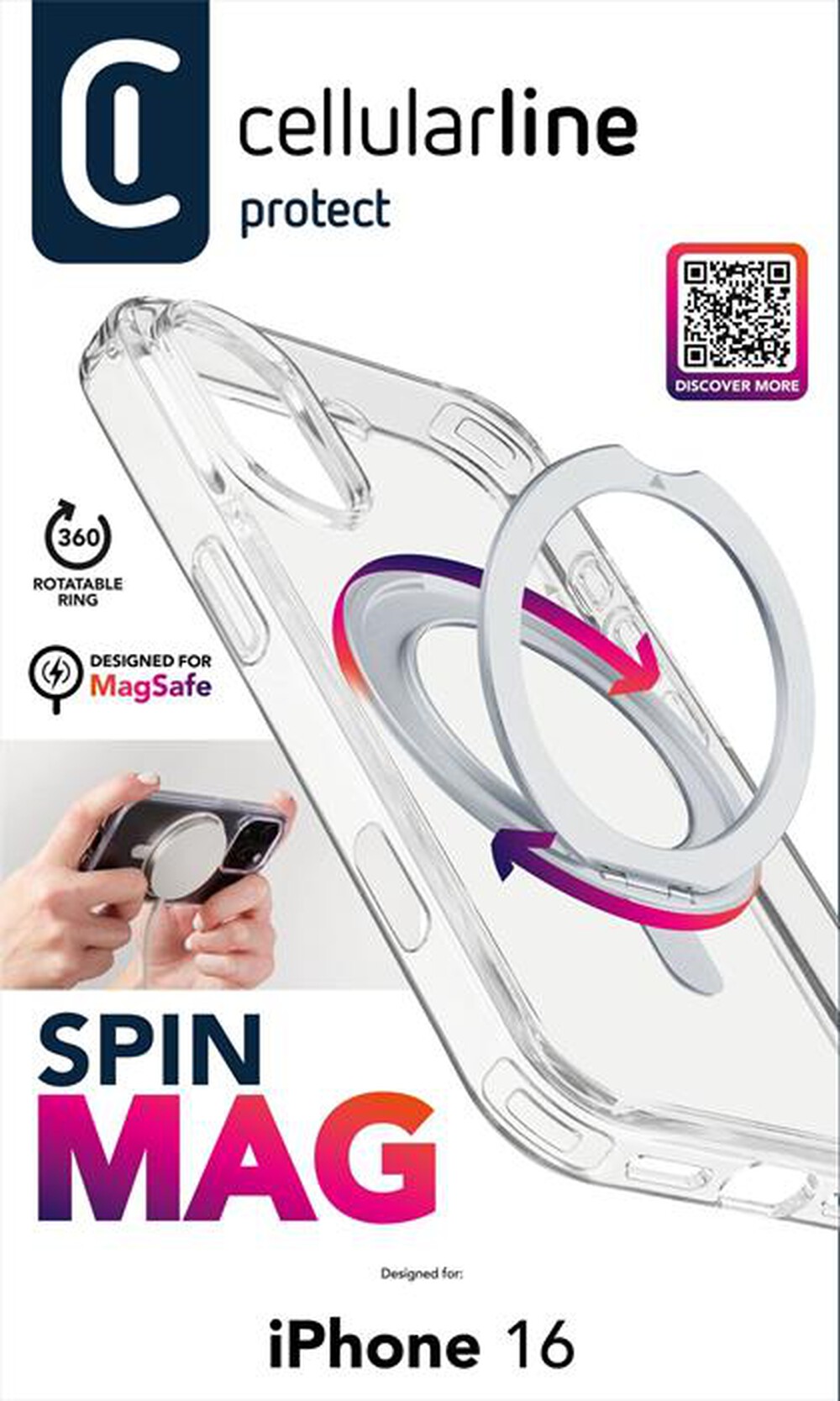 "CELLULARLINE - Cover SPIN MAG per iPhone 16-Transparent"