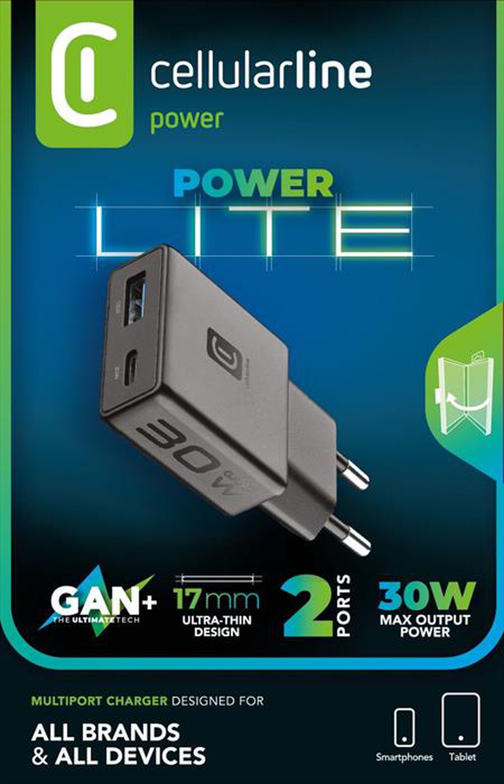 Immagine del prodotto CELLULARLINE - Caricatore Power Lite Slim 30W Dual USB-A + USB-C-Nero