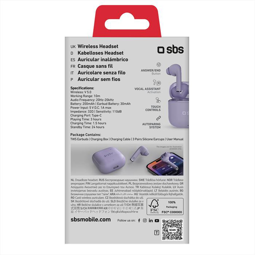"SBS - Auricolare bluetooth TEEARTWSBEATFREEBTV-Viola"