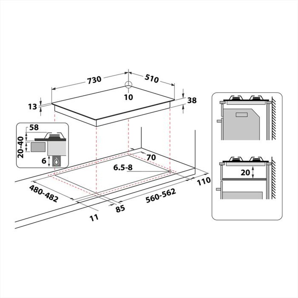 "WHIRLPOOL - Piano cottura a gas TGML 761 IX/R 73 cm-Acciaio inossidabile"