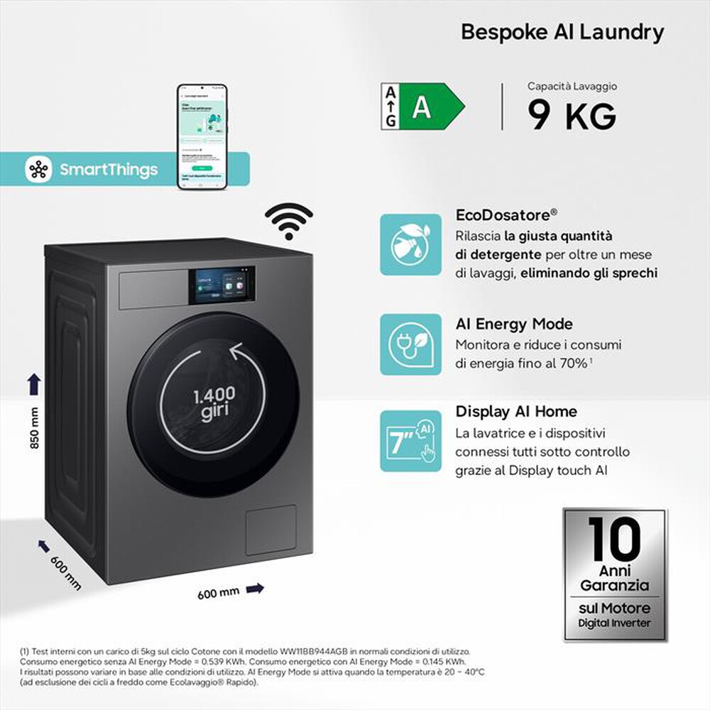 Immagine del prodotto SAMSUNG - Lavatrice WF90F09C4SU3 9KG Classe A-Dark Silver Steel - obl&ograve; Nero