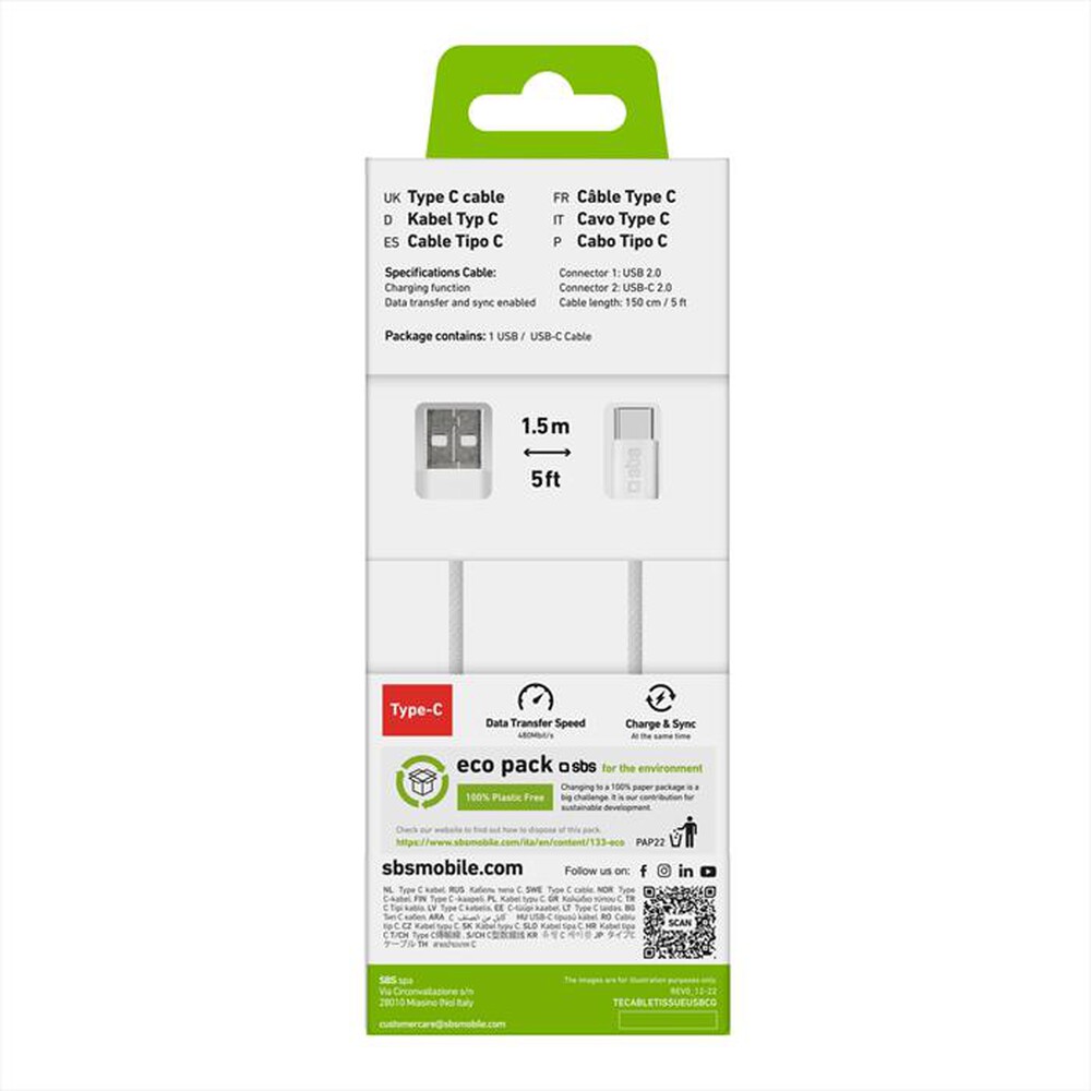 Immagine del prodotto SBS - Cavo in tessuto USB a type-C TECABLETISSUEUSBCG-Grigio