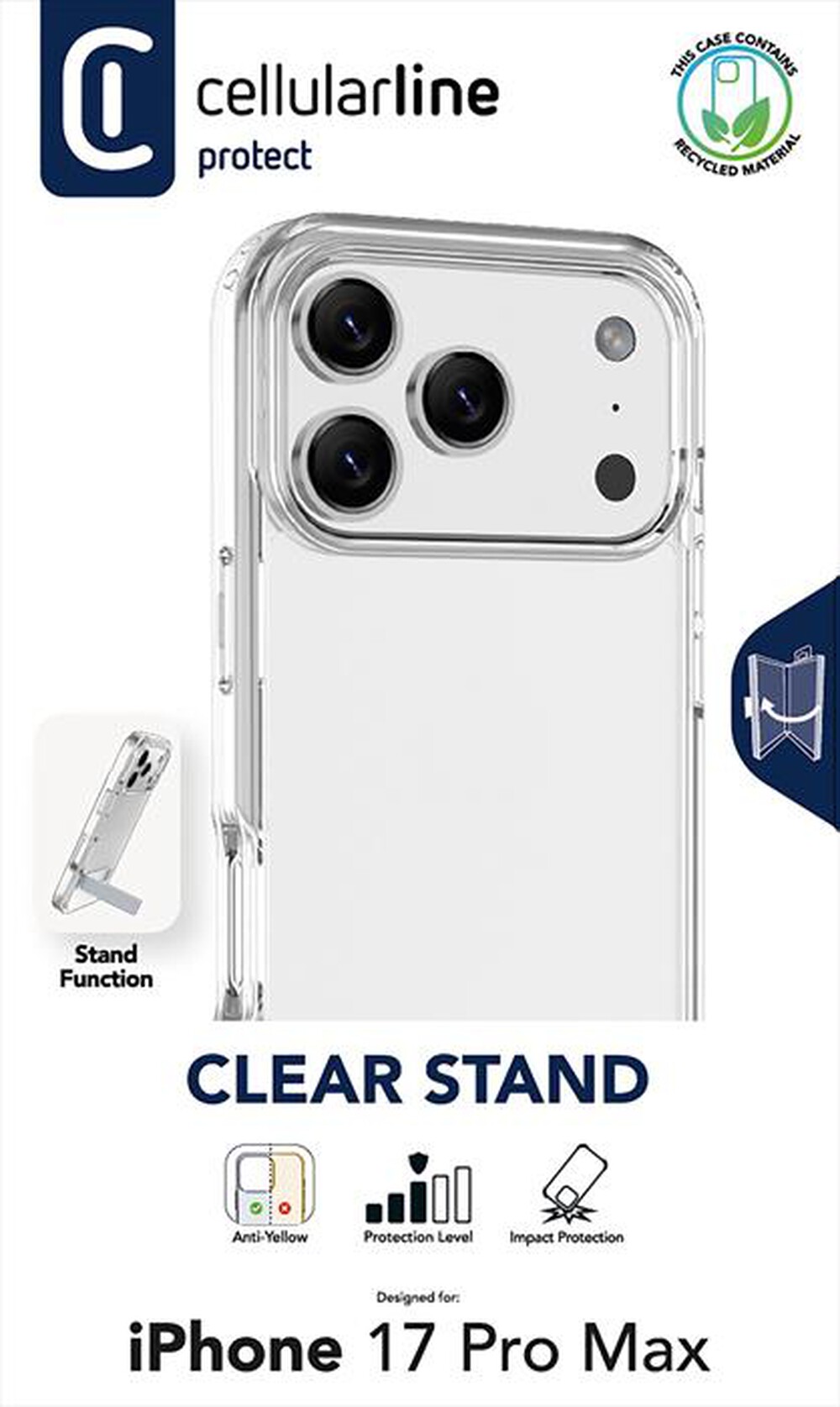 Immagine del prodotto CELLULARLINE - Custodia CLEAR STAND per IPHONE 17 PRO MAX-Trasparente