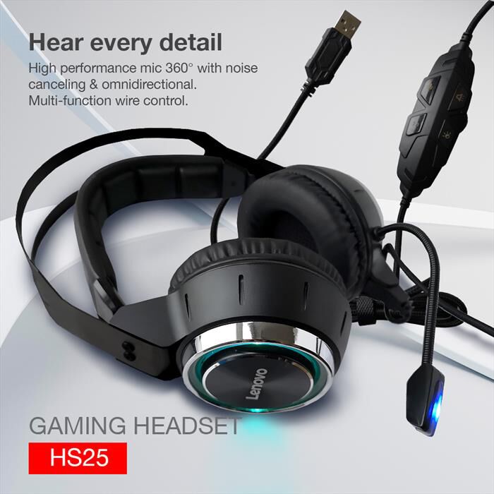 LENOVO - HS25 CUFFIE GAMING MICROFONO CANC.RUMORE/SURROUND-NERO | Euronics