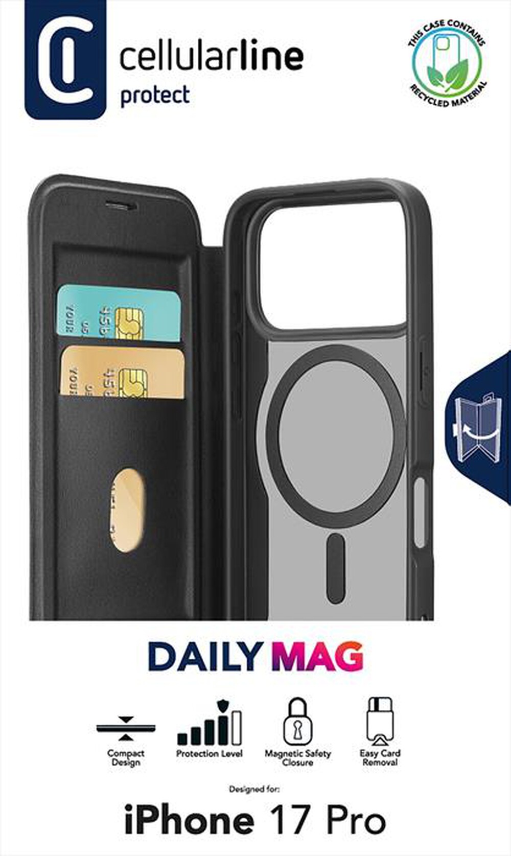 Immagine del prodotto CELLULARLINE - Custodia a libro DAILY MAG per IPHONE 17 PRO-Nero, Trasparente
