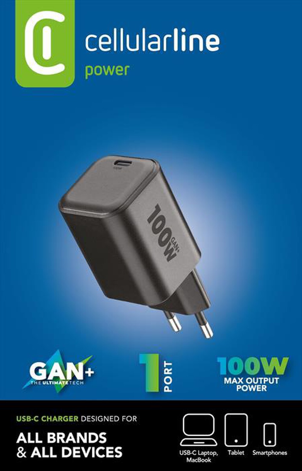 Immagine del prodotto CELLULARLINE - Caricabatterie da rete 100W ACH USB-C GAN+ 100W-Nero
