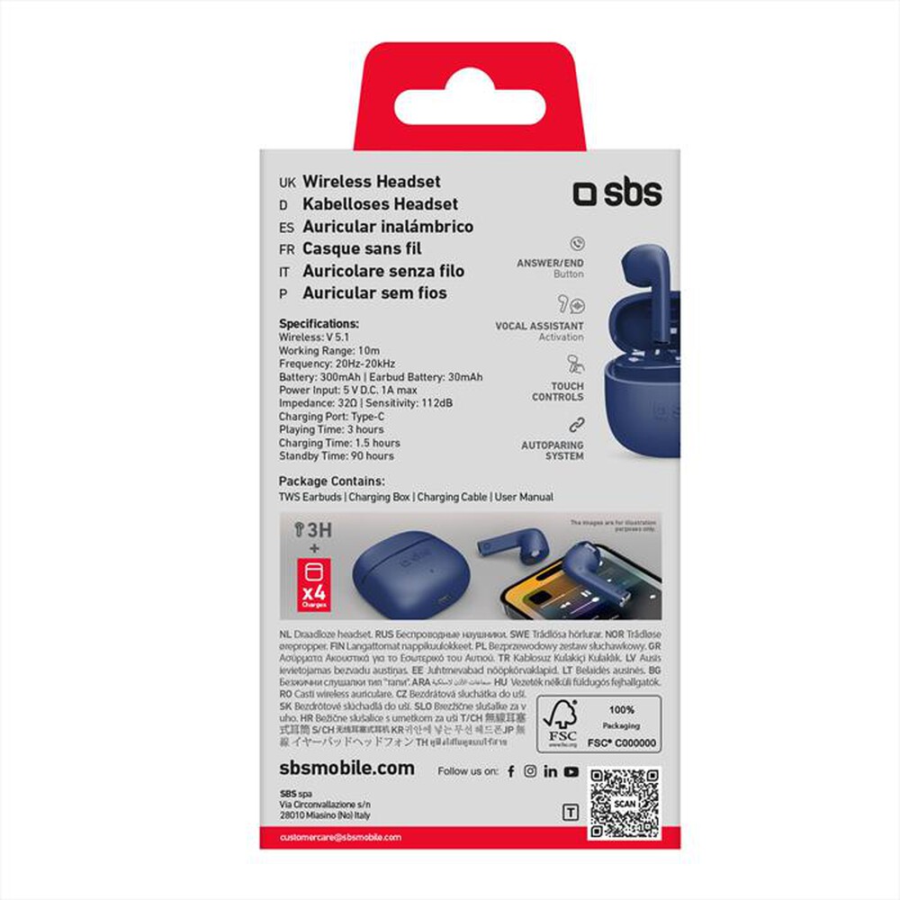 "SBS - Auricolare bluetooth TEEARTWSCOLB-Blu"