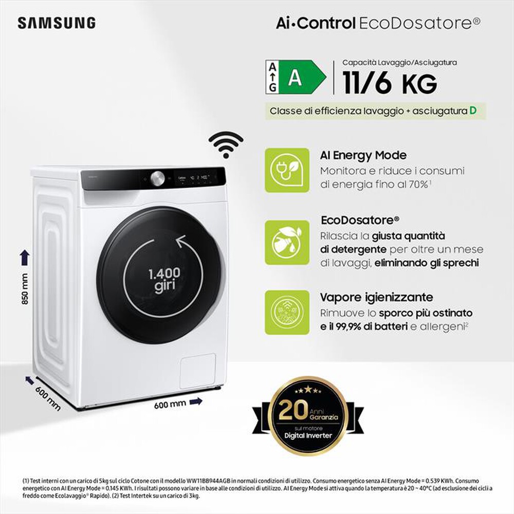 "SAMSUNG - Lavasciuga 11/6 Kg WD11DG6B85BKU3 Classe A-bianca con oblò e display nero"