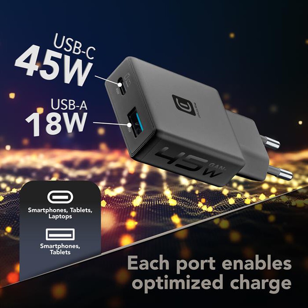 Immagine del prodotto CELLULARLINE - Caricabatterie 45W POWER LITE 45W SLIM DUAL A+C-Nero