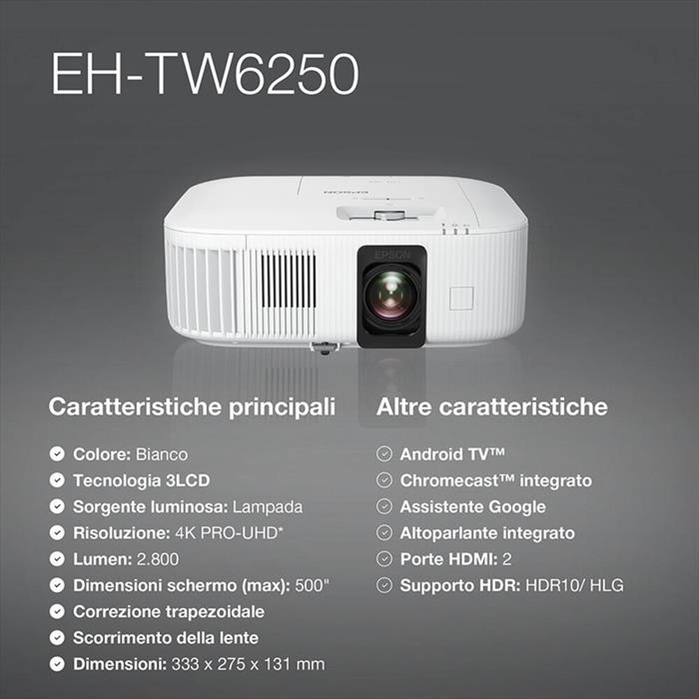 "EPSON - Videoproiettore Home Cinema PRO-UHD 4K EH-TW6250"