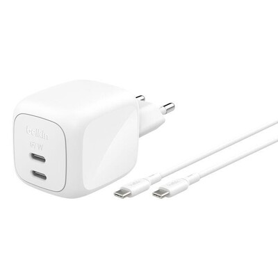 BELKIN - Doppio caricabatteria GAN USB-C 67W +Cavo USB-C-Bianco