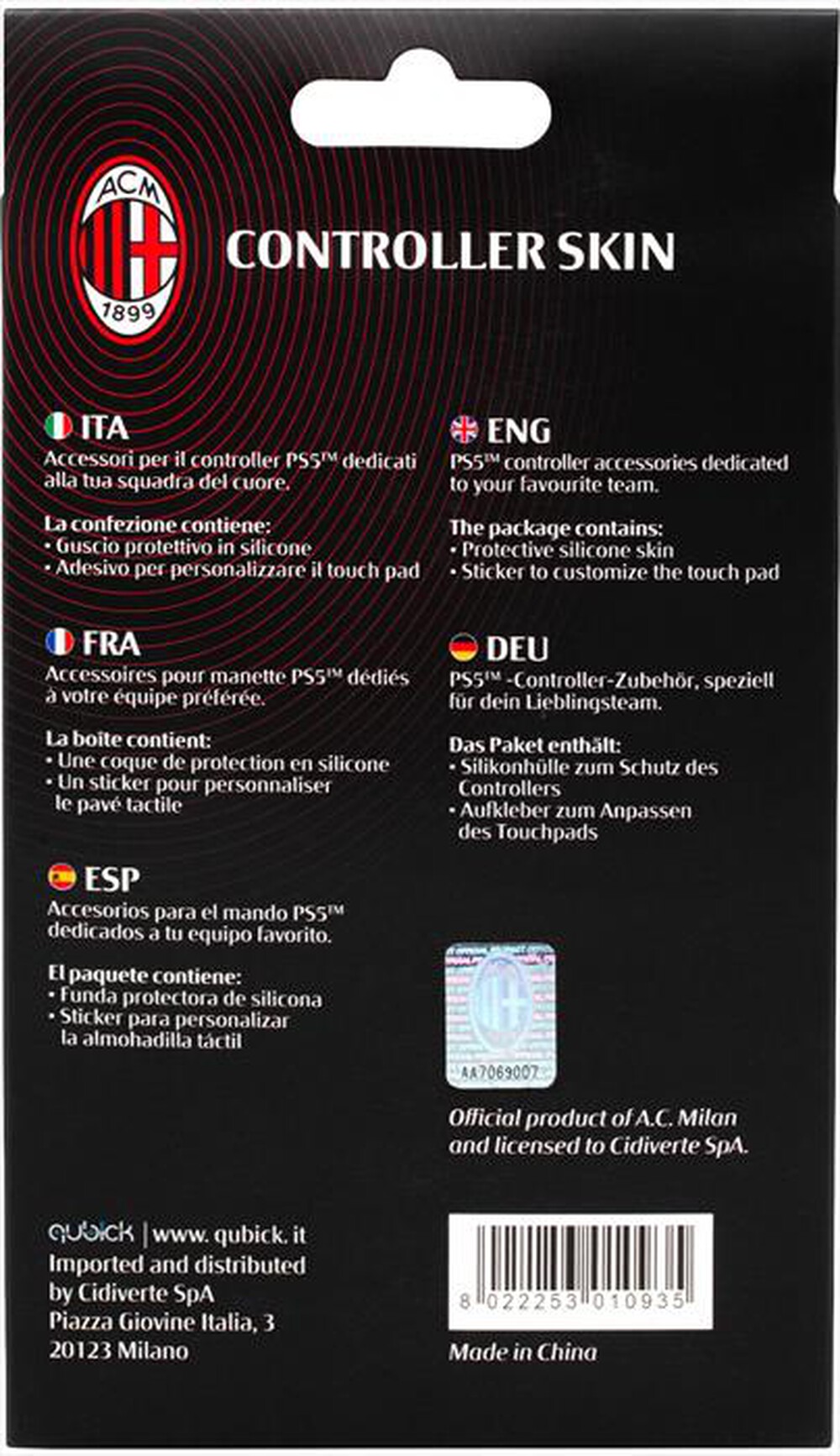 "QUBICK - CONTROLLER SKIN AC MILAN 3.0 PS5"
