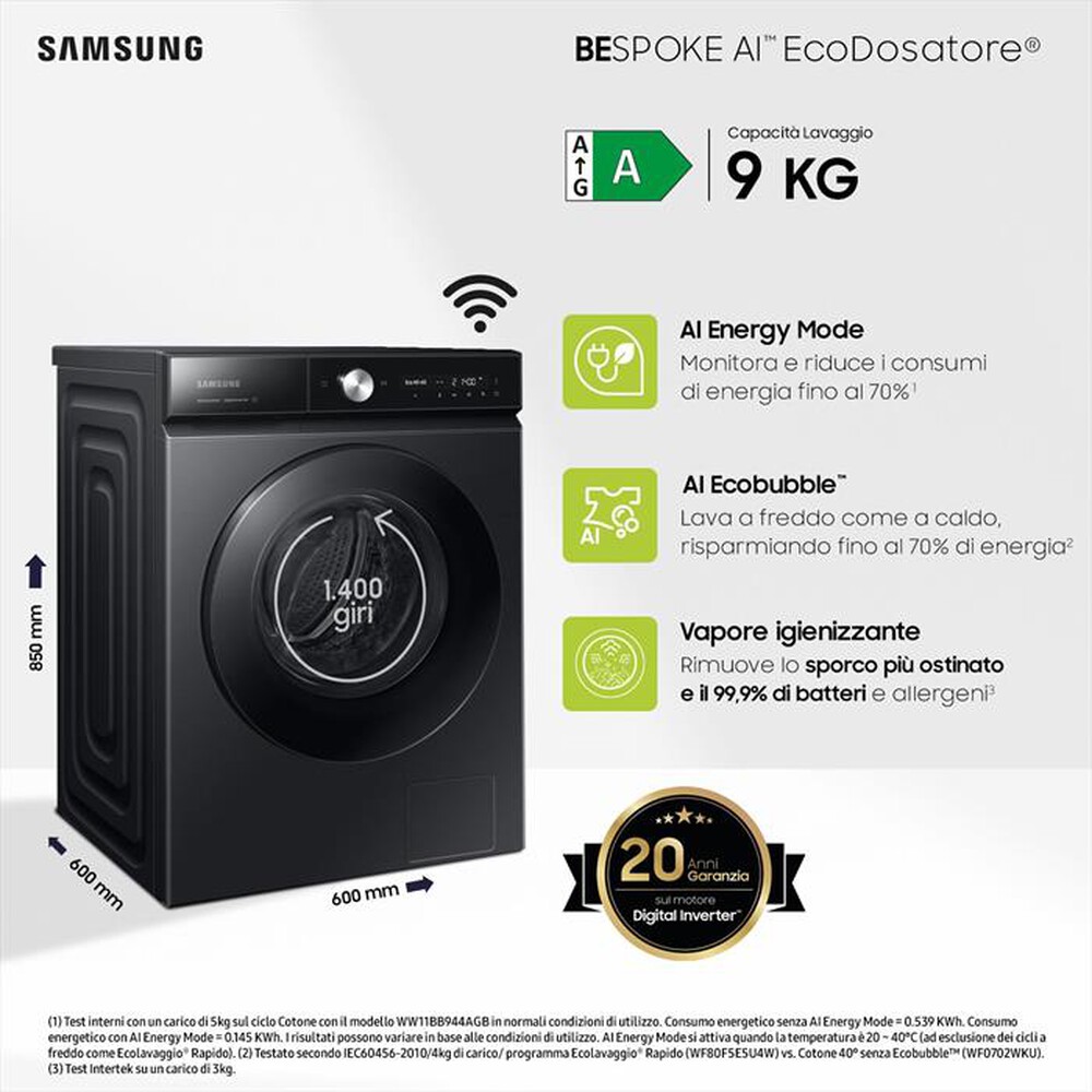 "SAMSUNG - Lavatrice WW90DB7U94GBU3 9 Kg Classe A-NERO"