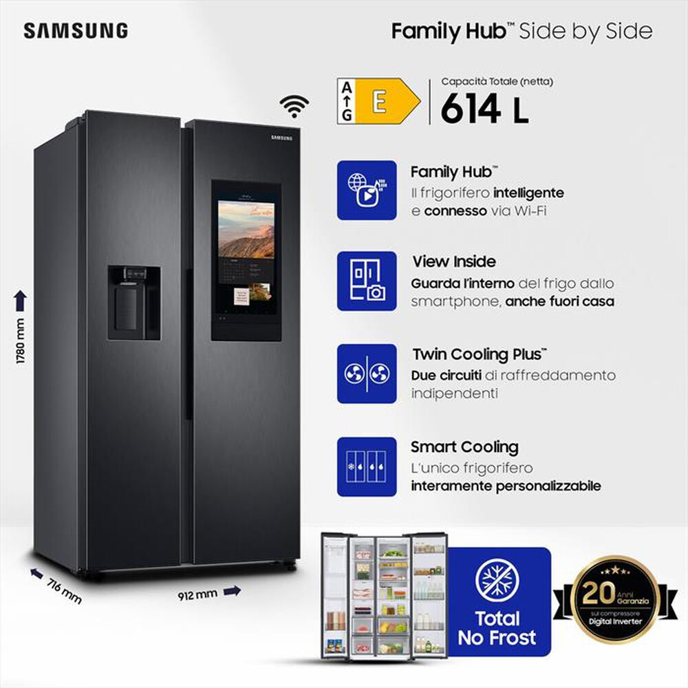 "SAMSUNG - Frigorifero side by side RS6HA8891B1/EF Classe E-Matte Black"
