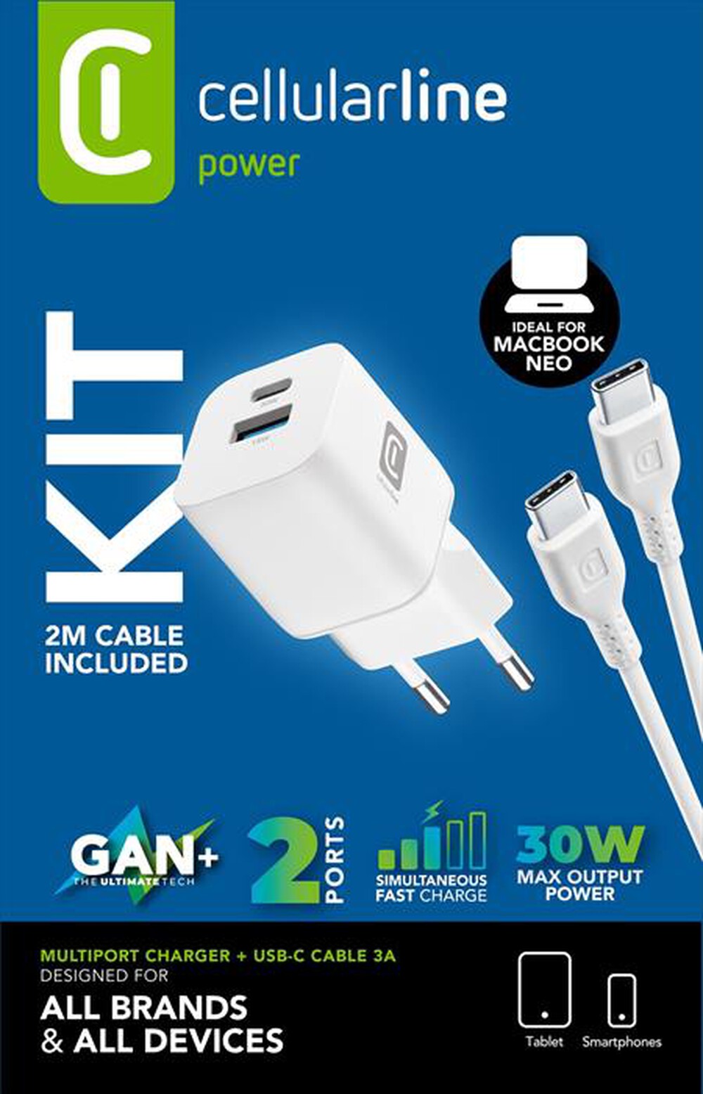 Immagine del prodotto CELLULARLINE - Caricatore GaN 30W Dual USB-A + USB-C-Bianco