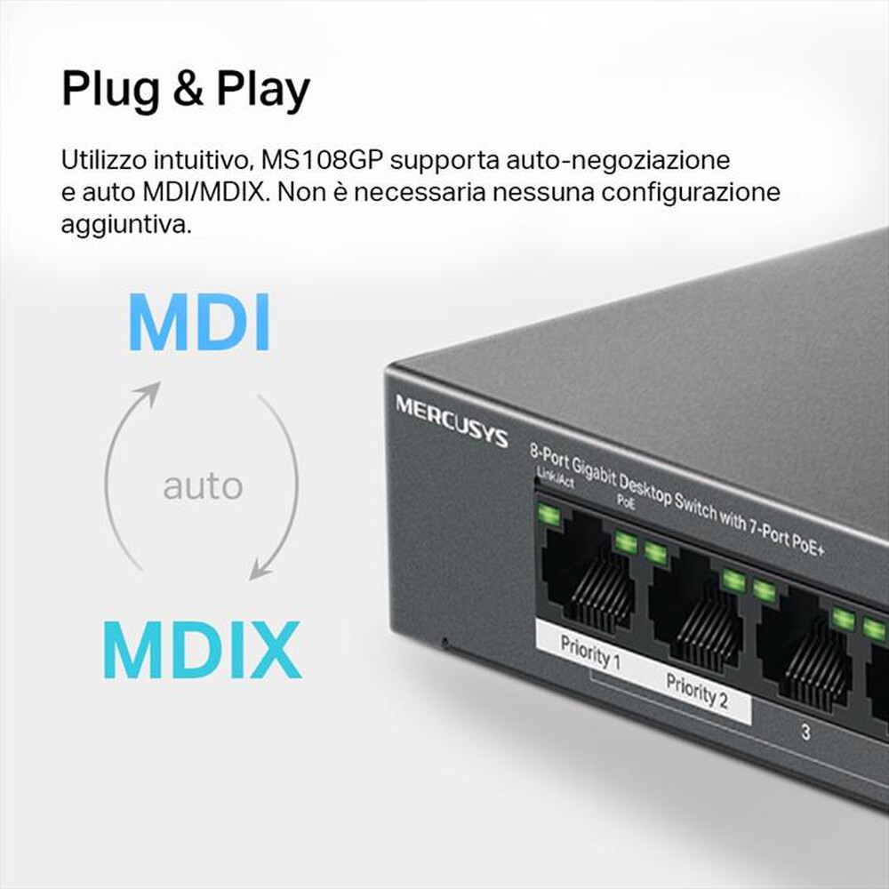 "MERCUSYS - 8-PORT GIGABIT DESKTOP SWITCH WITH  4-PORT POE+-nero"