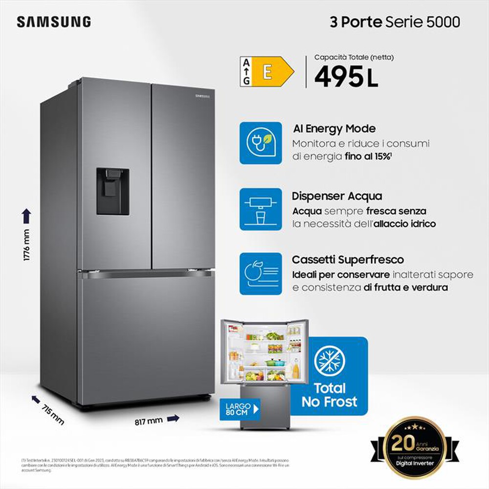 "SAMSUNG - Frigorifero 3 porte RF50C530ES9/EF Classe E 495 lt-METAL INOX"